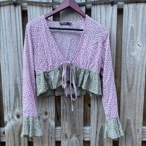 Nasty Gal Collection Pink and Green Tie Floral Blouse size 6